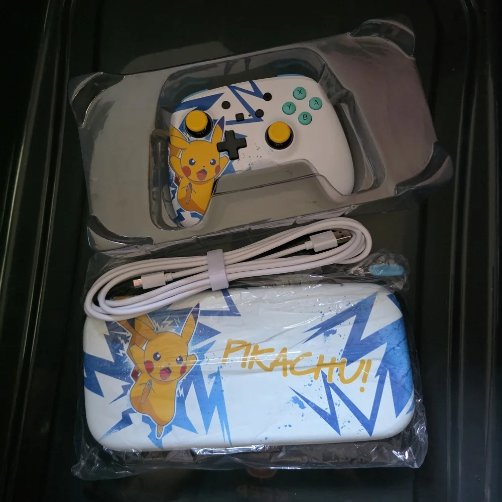 Pikachu Themed White Wired Game Controller with Matching Carry Case